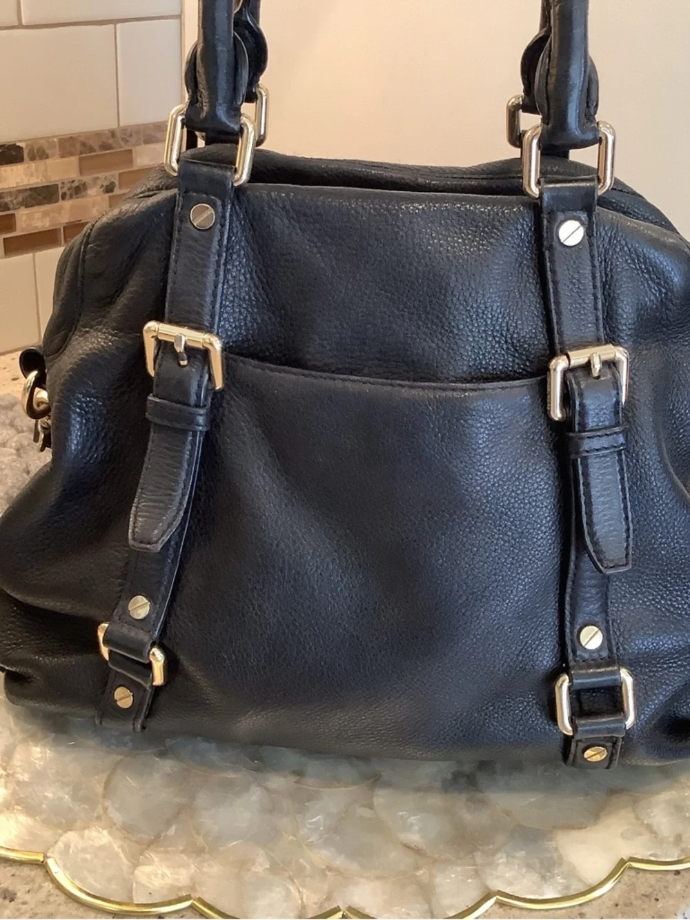 Michael Kors Black Leather Satchel with Gold Hardware